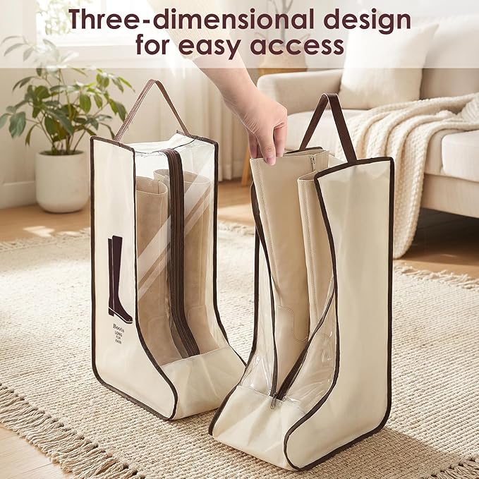 Portable Boots Storage Bag, Beige Dust Proof Boots Protector Carry Bag with Handle Shoe Dust Organizer Packing for Travel and Daily Use(Large)
