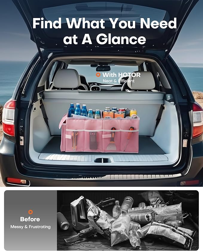 HOTOR Trunk Organizer for Car - Car Organizer, Foldable Trunk organizer for SUVs & Sedans, Sturdy Organization for Car Accessories, Tools, Sundries, Pink, 2 Compartments, 21.3"×12.6"×10.6"