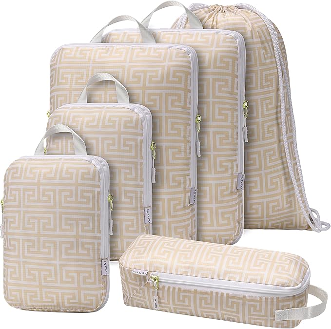 Compression Packing Cubes for Travel 6PC Set - Suitcase Organizer & Space Saver Bags for Carry On Luggage with Drawstring Backpack Beige Boho