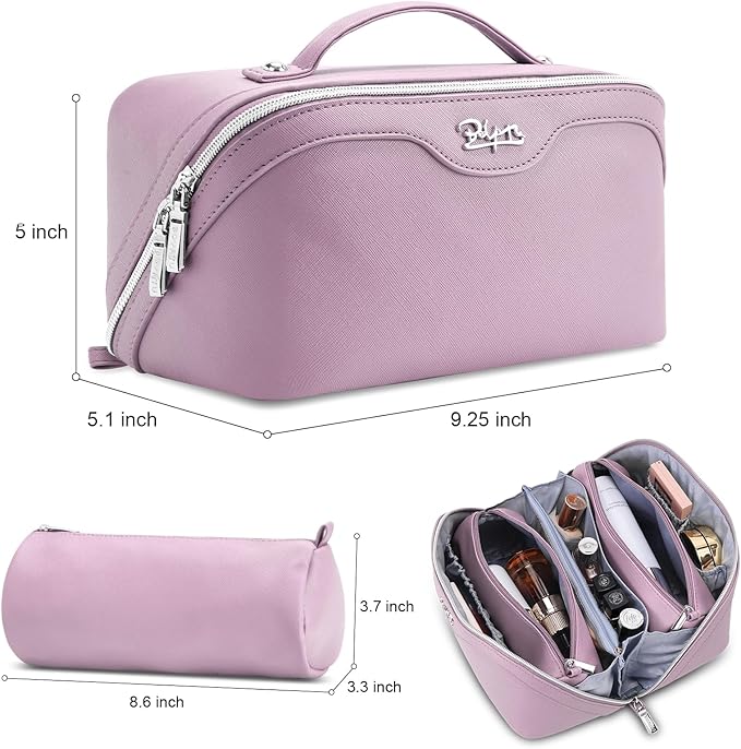 BOYATU Travel Makeup Bag Organizer Cosmetic Bag: 3 Pcs Set Make up Bags for Women with Handle - Waterproof Vegan Leather Toiletry Bags Travel Essentials Pouch with Compartments (C-06-Purple)