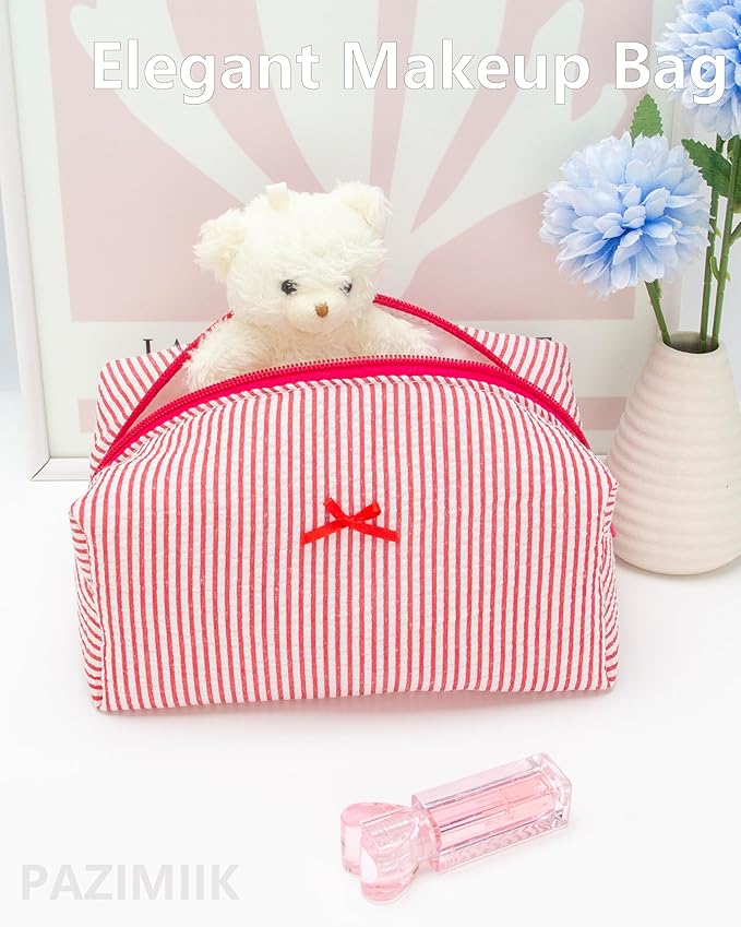 PAZIMIIK 6PCS Cozy Makeup Bag Small Aesthetic Travel Zipper Cosmetic Pouch for Women Make Up Beauty Accessories Brushes, Stripe Red