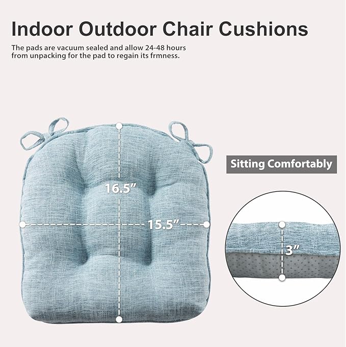 Quilmfoam 16.5"x15.5" Kitchen Chair Cushions Set of 4 for Dining Chair, Soft Tufted Non-Slip Memory Foam Seat Cushion with Ties for Indoor Kitchen Dining Furniture, Light Blue