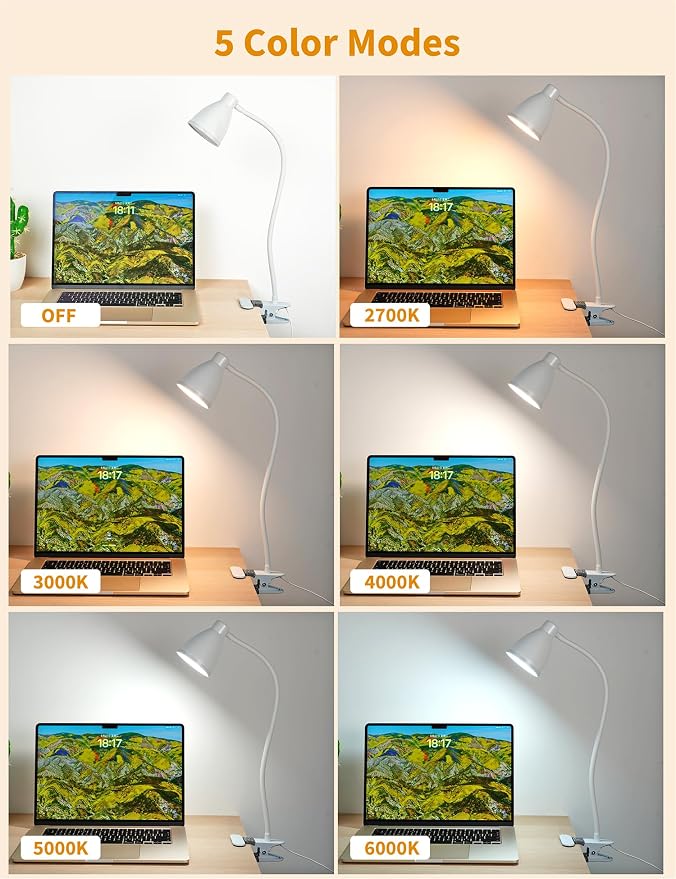 BOHON Clamp Lamp 5 Color Modes 10 Brightness Dimmer Bedside Lamp, White | Reading Light 10W 38 LED Desk Lamp with Auto Off Timer 360° Flexible Gooseneck Clip on Light for Bed Office, Adapter Include