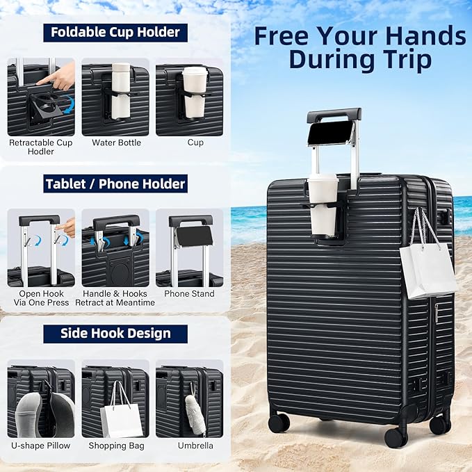 Hard Shell Suitcases 28 Inch Large Checked Luggage with Spinner Wheels Cup Holder, Expandable Check in Luggage Lightweight Top Opening Luggage Big Rolling Suitcase with Lock, Black