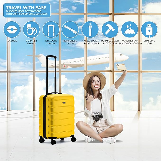 Flight Knight 24x16x10 Expandable Carry On Suitcase Hardside TSA Lock USB C Lightweight Luggage Silent Double Spinner Wheels Maximum Overhead Carry-On Bag For Virgin South West Approved Yellow