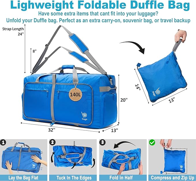 Bago Extra Large Duffle Bag for Travel Women & Men. Durable, Lightweight, Foldable Travel Duffel Bags For Traveling Women. 140L Duffle Bags Use As a Weekender Bag with Shoe Compartment, Checked Duffel