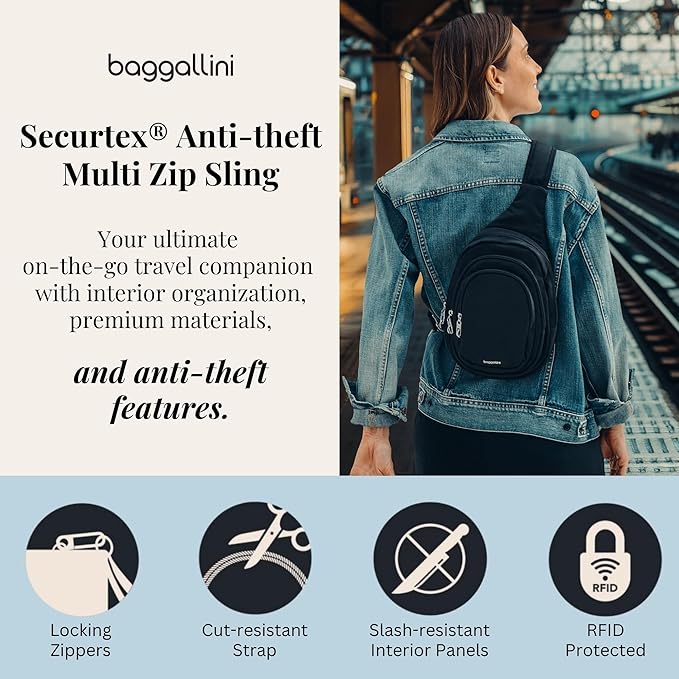 Baggallini Securtex® Anti-Theft Multi Zip Sling - Lightweight 8.6"x15.2" Travel Bag with Locking Zippers & RFID Protection