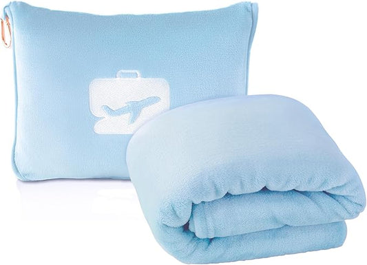 EverSnug Travel Blanket and Pillow - Ultra-Soft, Compact & Lightweight, 65x40 Inches, with Carry Case, Luggage Sleeve & Backpack Clip for Airplane Comfort (Ice Blue)