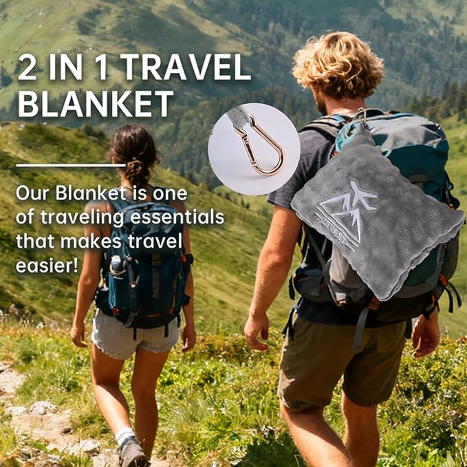 Travel Blanket and Pillow-2-in-1, Ultra-Soft&Compact,Airplane Blanket with Hand Luggage Belt and Backpack Clip,Travelers Accessories Gifts, 61x43 Inches（Gray）