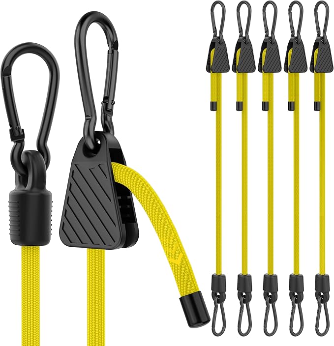Bungee Cords with Hooks, 60 Inch Yellow Adjustable Bungee Cords with Carabiner Heavy Duty Outdoor, 8mm Thick Easy to Adjust Bungee Rope UV Resistant for Tarp, Bike Rack, Garden, Tension, 6 Pack