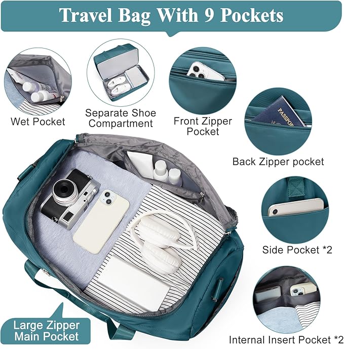 Travel Duffel Bag for Women, Carry-on Overnight Weekender Bags with Wet Pocket, For Spirit Airlines 18x14x8 Personal Item Bag,Small,Peacock Blue