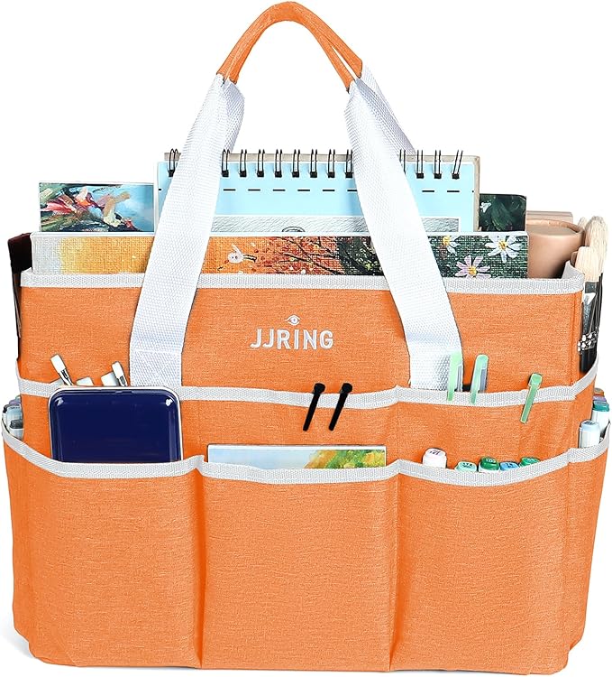 JJRING Craft Organizer Tote Bag, Large Art Storage Caddy with Multiple Pockets, Orange Sewing Bag for Art, Craft, Scrapbooking, School, Medical, and Office Supplies Storage