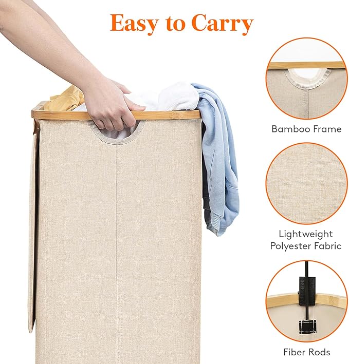Lifewit 80L Laundry Basket with Lid, Clothes Hampers for Laundry with Bamboo Handles and 1 Removable Bag, Large Foldable Laundry Hamper for Bedroom, Bathroom, Dorm, Laundry Room, Beige