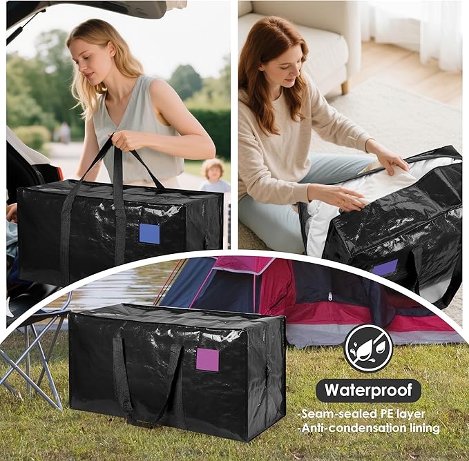 6 Pack Extra Large Heavy Duty Moving Bags with Reinforced Zipper & Wide Handles, Moisture-Resistant Storage Bins Packing Cubes for Clothes, College Dorm, Travel, and Home Organization, Black