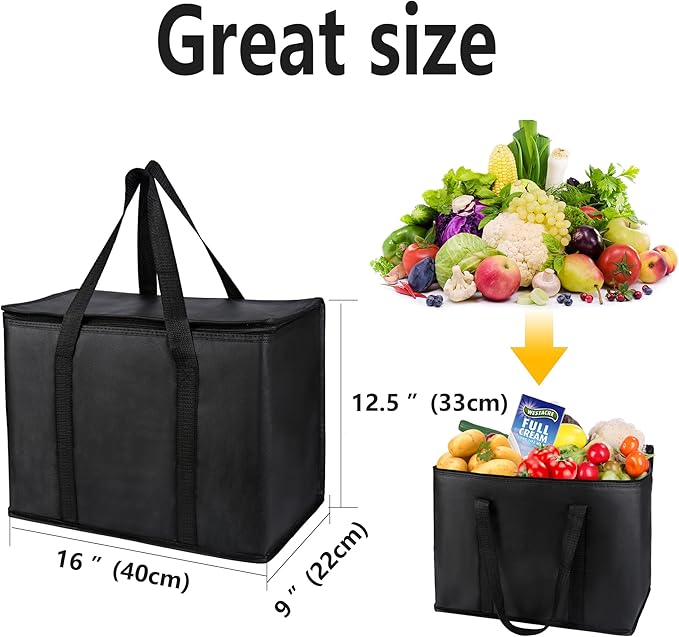 2 pack Additional Bottom Plate Black Insulated Grocery shopping bag , Delivery,pizza,reusable bags, Sturdy zipper,Collapsible,tote,cooler,thermal,Beach,waterproof heavy duty