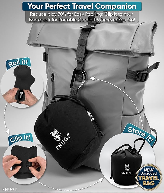 SNUGL Travel Pillow – Neck Pillow Airplane, Travel Pillows for Airplanes, Neck Pillows Memory Foam – Road Trip Essentials for Adults – Traveling Essentials - Gifts for Travelers Men & Women