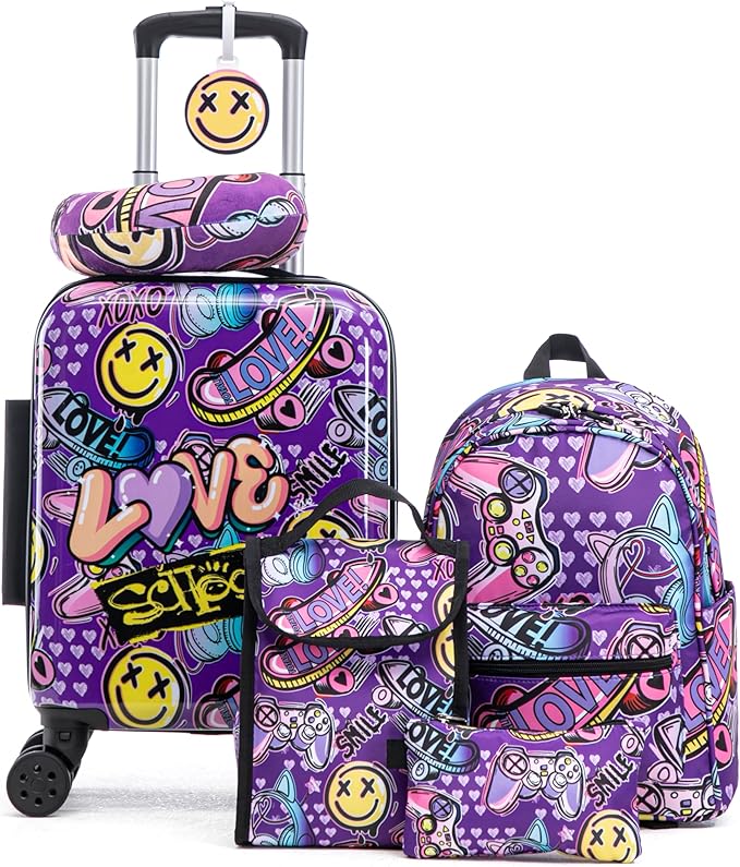 Kid’s Luggage Set 6 Piece Suitcase Set 16" Hardside Luggage with Spinner Wheels Girls Boys Carry on Luggage Travel Rolling Luggage Airline Approved (Emoji)