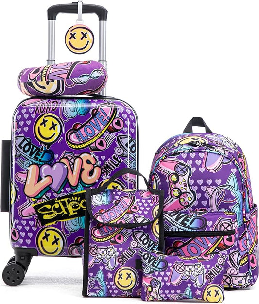 Kid’s Luggage Set 6 Piece Suitcase Set 16" Hardside Luggage with Spinner Wheels Girls Boys Carry on Luggage Travel Rolling Luggage Airline Approved (Emoji)