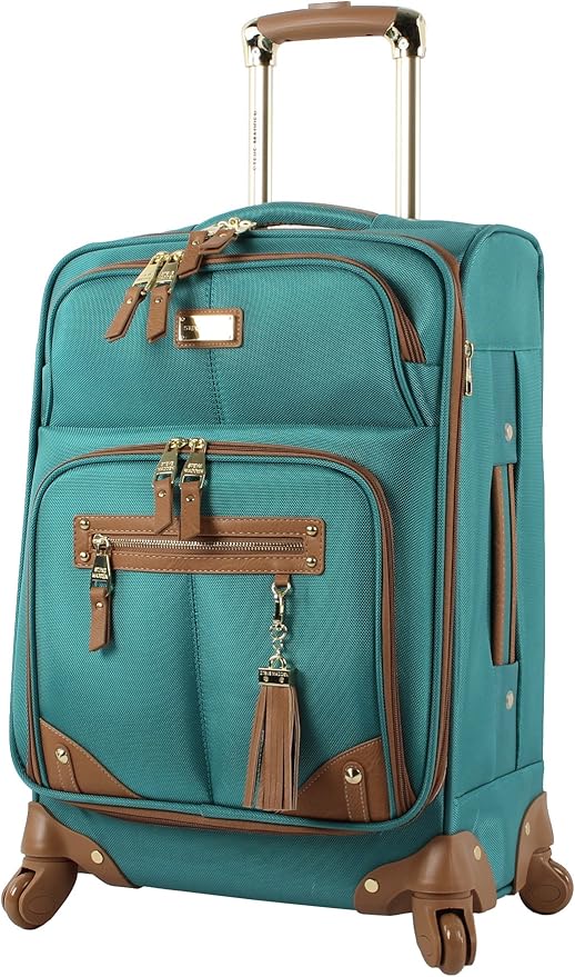 Steve Madden Designer Luggage Collection - Lightweight 24 Inch Expandable Softside Suitcase - Mid-size Rolling 4-Spinner Wheels Checked Bag (Harlo Teal Blue)