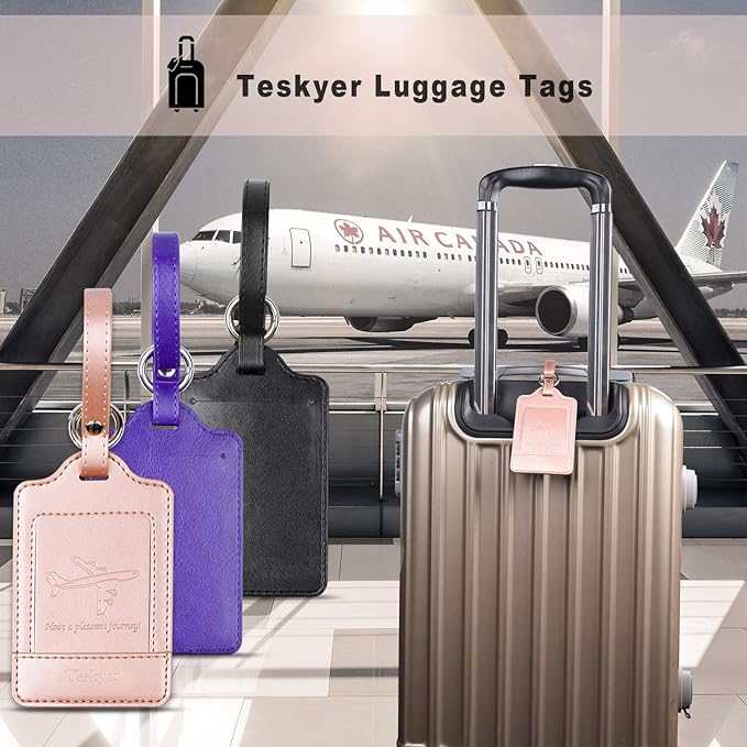 Teskyer Luggage Tags, 3 Pack Premium PU Leather Luggage Tags Privacy Protection Travel Bag Labels Suitcase Tags