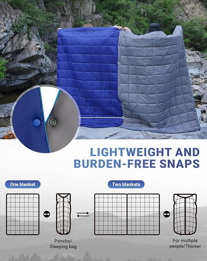 KingCamp Ultralight Camping Blanket, Packable Down Alternative Puffy Wearable Blankets Weatherproof Warm Package Quilt with Snap Buttons for Outdoor Hiking Travel Picnic Stadium (69" L x 53" W, Navy)