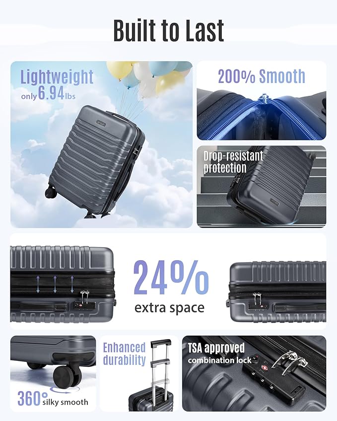 LIGHT FLIGHT Expandable Carry On Luggage 22x14x9 Airline Approved with Double Spinner Wheels, 20 Inch Lightweight Hard Shell Rolling Suitcases with TSA Lock, Gray