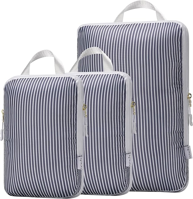 Packing Cubes Luggage Organizer Bags for Suitcase & Backpack, Compression Packing Cubes for Travel, Lightweight Luggage Organizers, Travel Cubes for Packing, Vacation Essentials, 3pc Set - Grey Stripe