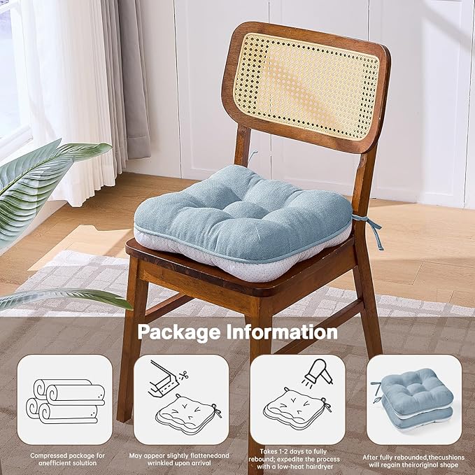 BETU Chair Cushions for Dining Chairs Set of 2,3.5" Thick Kitchen Table Chair Pads with Ties,Non Slip Backing and Covers, Seat Cushion for Dining Room,Bar,Patio Chairs,16"X16"X3.5",Smoky Blue