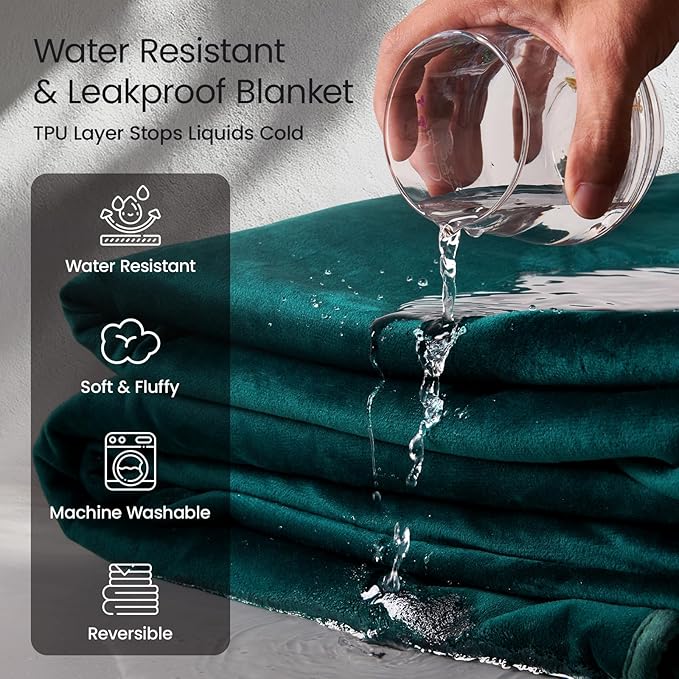 LOOBANI Waterproof Blanket for Bed: Reversible Leakproof Full/Queen Bed Blankets 80" x 90", Soft Flannel & Coral Fleece Couch Blanket Water Resistant for Couch Sofa, Family Camping, Green