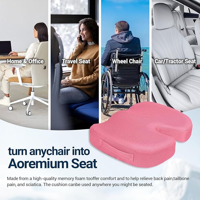 Season Guard Tailbone Pain Relief Office Chair Seat Cushion, Memory Foam Gel Seat Cushion for Sciatica Pain Relief with Washable Cover, Butt Cushion for Long Sitting, Mesh, Pink