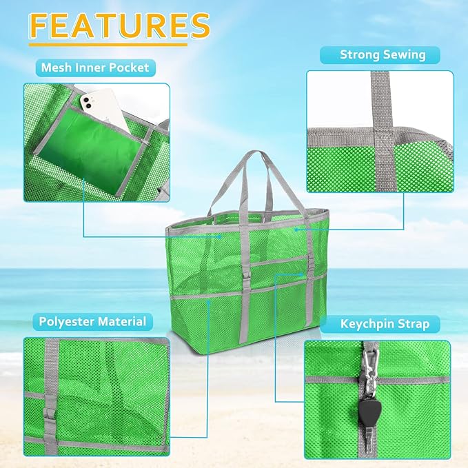 SRISE Mesh Beach Bag - Large Beach Tote Bag for Family Beach Bag for Toys & Vacation Essentials