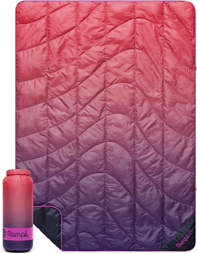 Rumpl Travel Puffy Blanket, Ultra-Packable Travel-Size Warmth and Comfort, Berry Fade