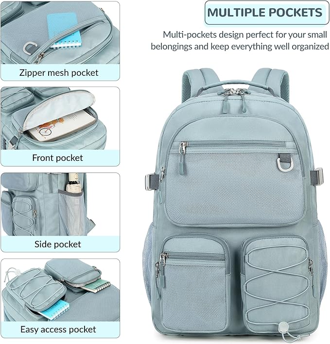 Lohol Multi-Pocket Backpack for Travel College, Heavy Duty Big Bookbag with 15.6 inch Laptop Compartment (Green Graffiti