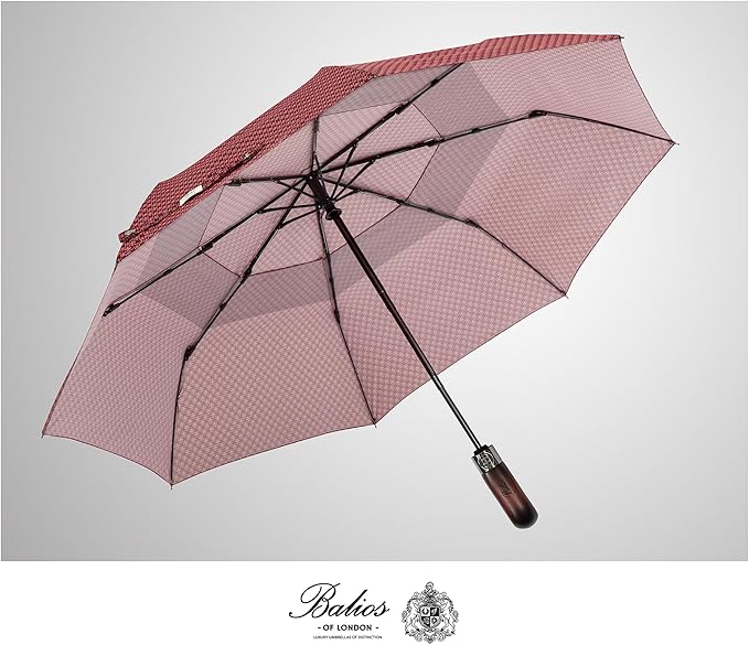 Balios Travel Folding Umbrella with Real Wood Handle Auto Open Close Vented Windproof Canopy - Designed in UK