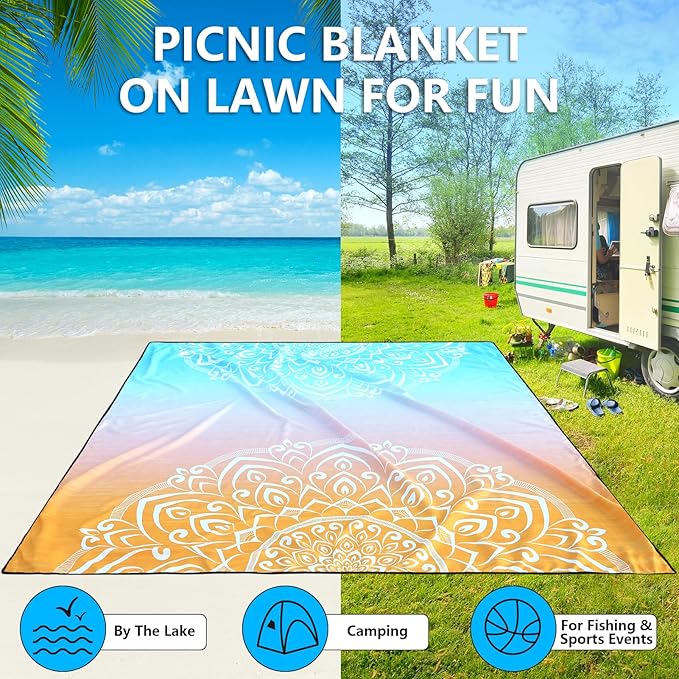 Beach Blanket Sandproof Extra Large Beach Mat Adults Waterproof Quick Drying Sand Free Mat Made by Premium Polyester with 4 Stakes & 4 Corner Pockets for Outdoor Travel Camping Hiking