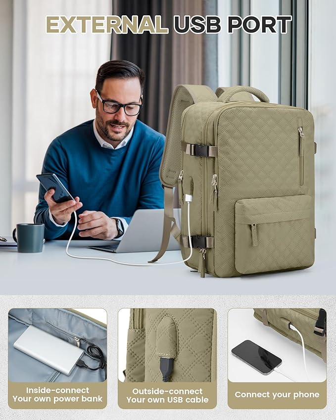VECAVE Vacuum Travel Backpack with Pump for Women,Personal Item Carry on Backpacks Flight Approved 18x14x8 inches for Men,Laptop Waterproof Work Compression bags Casual Daypack Khaki.