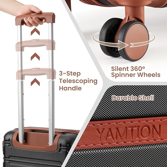 YAMTION Luggage Sets 6 Piece,Hardside 20In Suitcase with Spinner Wheels,TSA Lock,Carry On Suitcase Travel Essentials for Personal Items,Black Beige