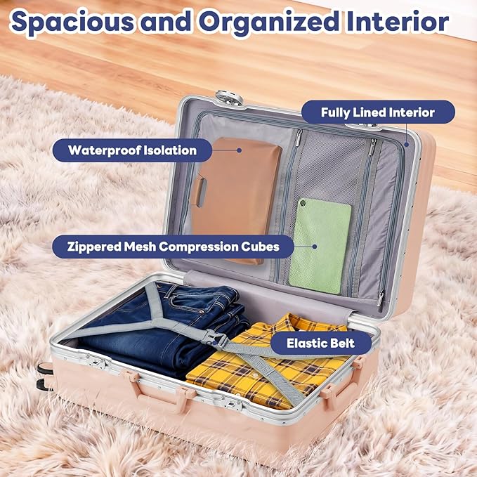 20 Inch Carry On Luggage, Zipperless Luggage with Spinner Wheels, Airline Approved Suitcase with Cup Holder, TSA Lock and USB Charger for Travel, Light Pink