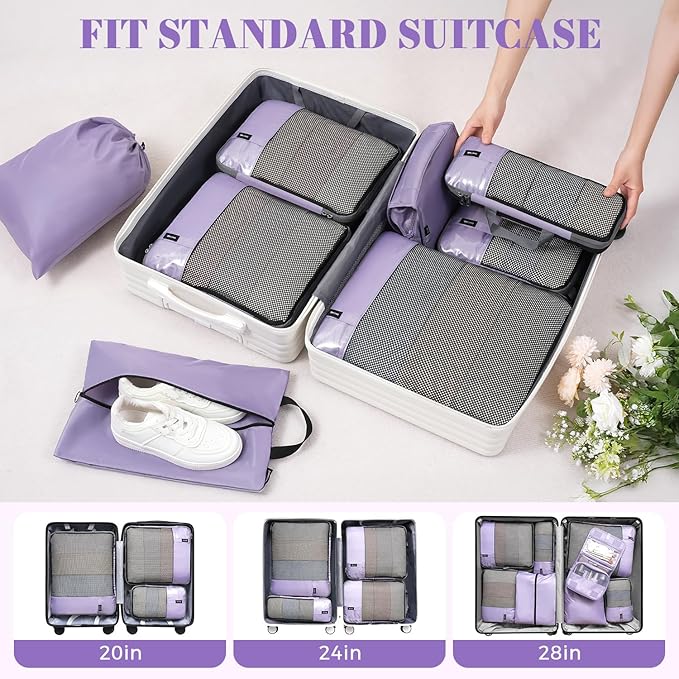 BAGAIL 4 Set/6 Set/8 Set Compression Packing Cubes Travel Accessories Expandable Packing Organizers(HalfMesh,8-Dusty Purple)