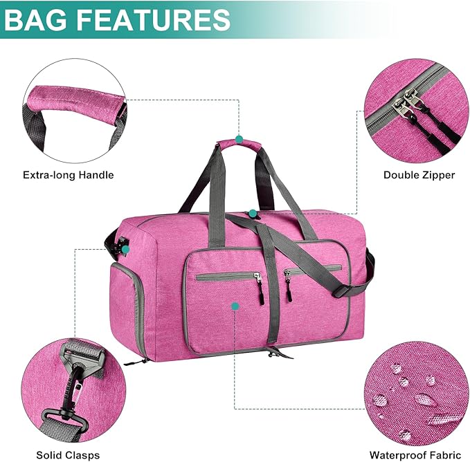 Dimayar 115L Travel Duffle Bag for Men Women - Foldable Duffel Bag with Shoes Compartment - Overnight Bags Waterproof & Tear Resistant(Rouge Pink)