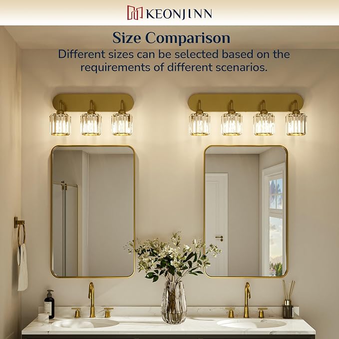 Keonjinn 3-Light Gold Bathroom Light Fixtures Over Mirror, Crystal | Vanity Lighting Fixture with Square Shades, Dimmable, Vintage Style, Compatible with E26 Base LED Bulbs (Blub Not Included)