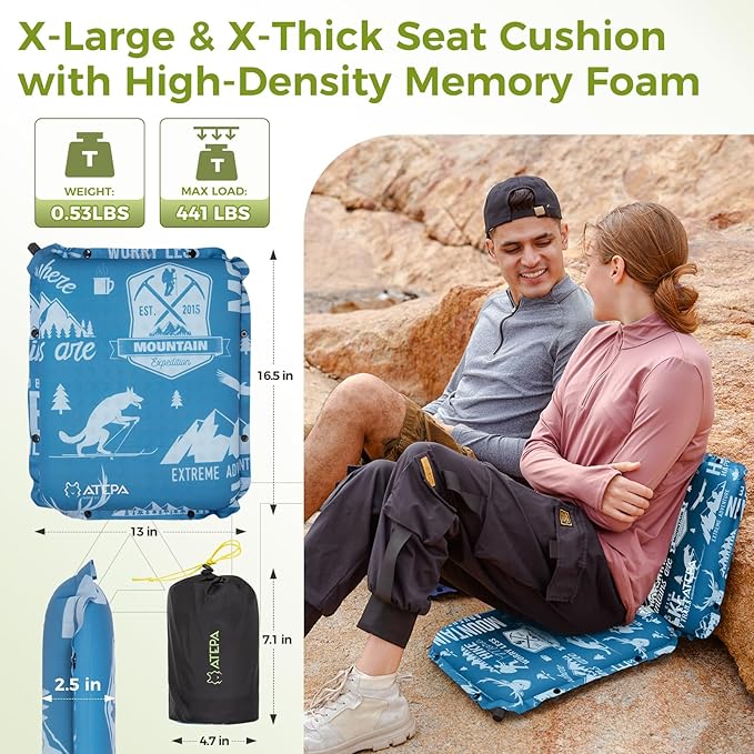ATEPA Inflatable Seat Cushion, Self-Inflating Portable Stadium Airplane Travel Foam Cushion Pad for Camping, Sports Events, Outdoor
