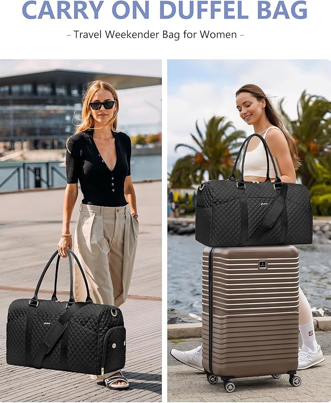 Women Weekender Travel Duffle Bag: Travel Duffel Overnight Bags with Shoe Compartment Large Carry on Tote with 2 Toiletry Bags Weekend Traveling Yoga Gym Hospital Bag for Womens with Wet Pocket Black