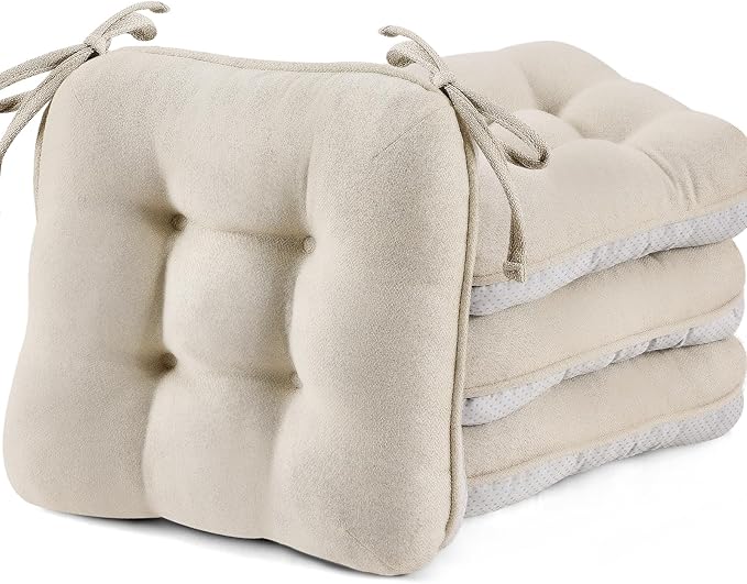 BETU Chair Cushions for Dining Chairs Set of 4,3.5" Thick Kitchen Table Chair Pads with Ties,Non Slip Backing and Covers, Seat Cushion for Dining Room,Bar,Patio Chairs,16"X16"X3.5",Beige