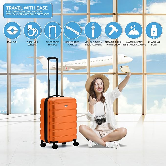 Flight Knight 24x16x10 Expandable Carry On Suitcase Hardside TSA Lock USB C Lightweight Luggage Silent Double Spinner Wheels Maximum Overhead Carry-On Bag For Virgin South West Approved Orange