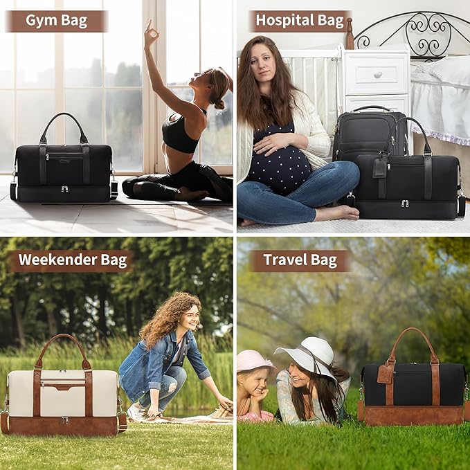 Oeihuivt Weekender Bags for Women - 21 Inch Large Travel Duffel Bag 2-Piece Set with Shoe Compartment, Heavy-Duty Canvas Leather Carry On Overnight Tote