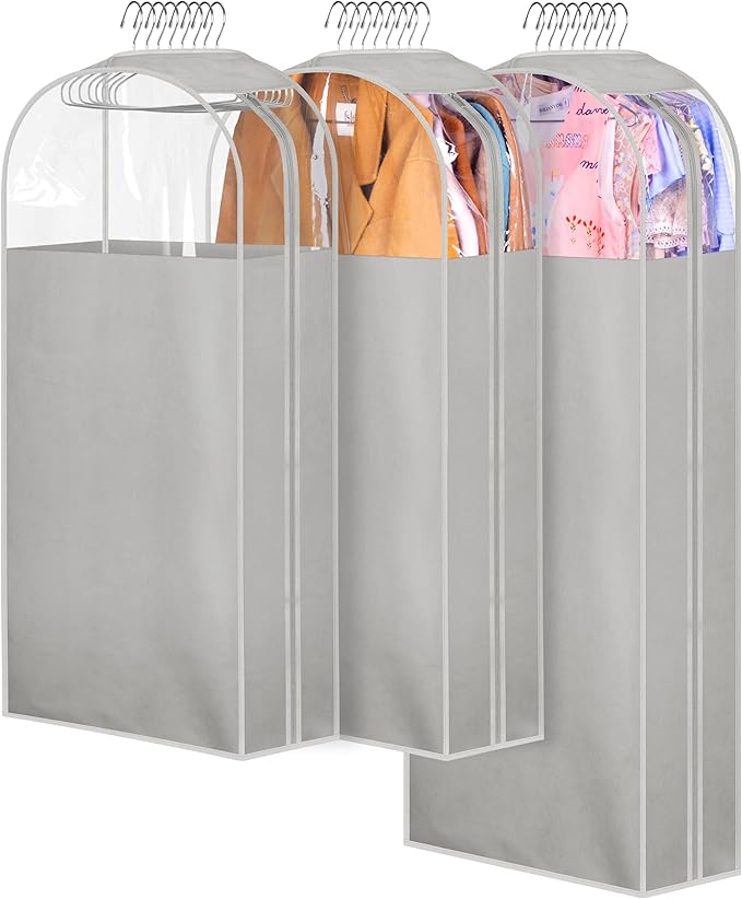 MISSLO 10" Gusseted Garment Bags for Hanging Clothes 40"+50" Clear Suit Bags for Closet Storage Dress Bag for Gowns Long Coat Protector, 3 Packs, Grey