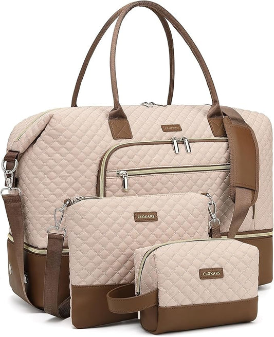 Duffle Bag for Women Travel, Weekender Bag Overnight Bag with Shoe Compartment, Carry on Bag with Crossbody Purse for Over Night, Weekend, Yoga, Gym, Business Trips, Hospital, Nude Brown