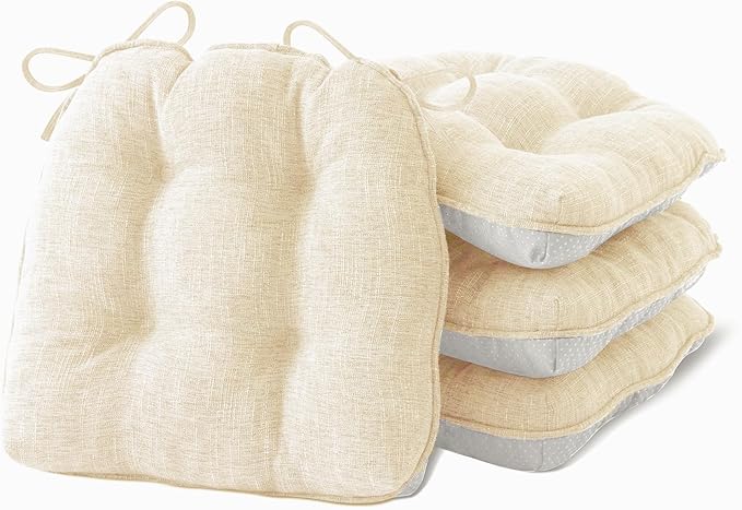 Chair Cushions for Dining Chairs Set of 4, Kitchen Chair Cushions, Chair Pads with Ties and Non Slip Backing, Tufted Memory Foam Seat Cushion 4 Pack, 15.5" x 15.5" x 4", Cream