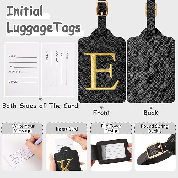 Initial Luggage Tags for Suitcases, Cute Embroidered Letter Luggage Bag Suitcase Identifier Name Baggage Tag, PU Leather Travel Luggage Tags, Bag Tags for Men Women Kids Luggage Handbags(Black E)